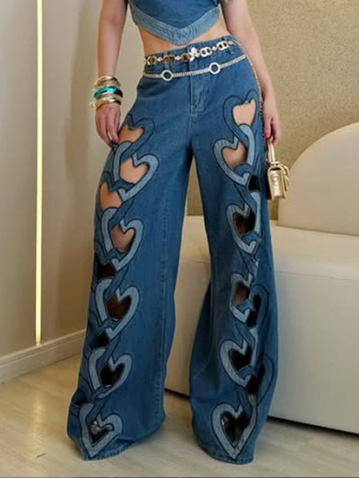 High Waisted Wide Leg Hollow Jean Pants Bottoms