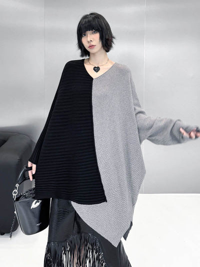 Batwing Sleeves Irregularity Asymmetric Contrast Color Split-Joint Textured V-Neck Sweater Tops
