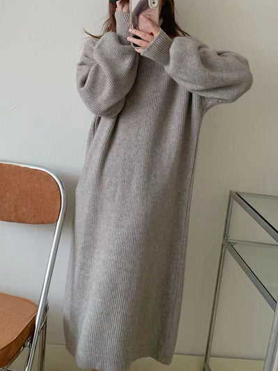 Long Sleeves Loose Solid Color High Neck Midi Dresses Sweater Dresses