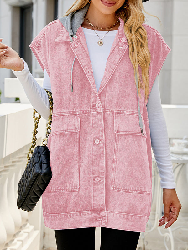 Loose Sleeveless Buttoned Detachable Hooded Pockets Split-Joint Lapel Collar Vest Outerwear