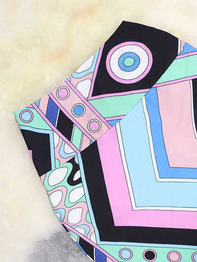 Long Sleeves Buttoned Contrast Color Printed Lapel Blouses&Shirts Tops + Pleated Bodycon Skirts Bottom Two Pieces Set