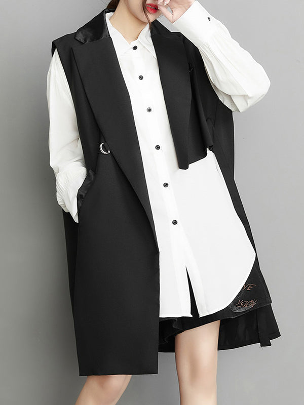 Sleeveless Asymmetric Pockets Tied Notched Collar Vest Outerwear