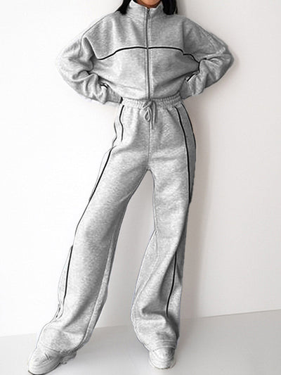 Contrast Color Line Split-Joint Zipper Lapel Outerwear +  Elasticated Waist High Waisted Drawstring  Pants Two Pieces Set