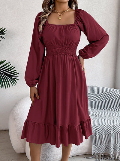 A-Line Elasticated Waist Pleated Ruffled Solid Color Square-Neck Midi Dresses