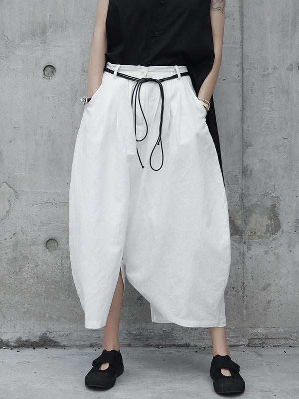 Loose White Linen Split-side Harem Pants