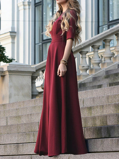 Half Sleeves High Waisted Solid Color Tied Waist V-Neck Maxi Dresses