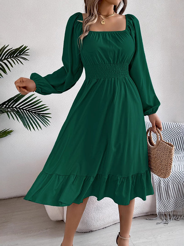 A-Line Elasticated Waist Pleated Ruffled Solid Color Square-Neck Midi Dresses