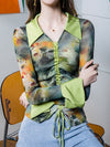 Flared Sleeves Long Sleeves Drawstring Flower Print Pleated Lapel Blouses&Shirts Tops