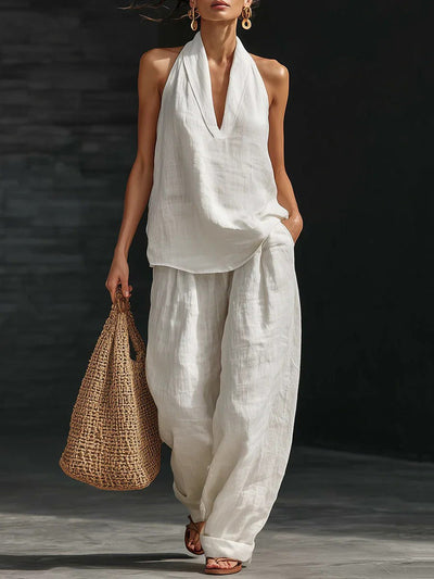 Loose Solid Color V-Neck Sleeveless Vest Top + Pockets Pants Trousers Two Pieces Set