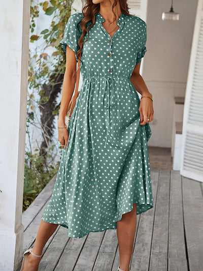 A-Line High Waisted Buttoned Drawstring Polka-Dot V-Neck Midi Dresses