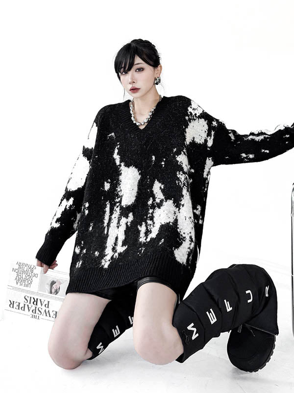 Long Sleeves Loose Abstract Printed Contrast Color Ribs Split-Joint V-Neck Sweater Tops