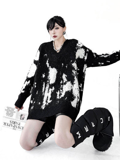 Long Sleeves Loose Abstract Printed Contrast Color Ribs Split-Joint V-Neck Sweater Tops