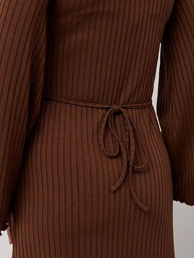 Long Sleeves Pleated Ruffled Solid Color Split-Joint Round-Neck Maxi Dresses