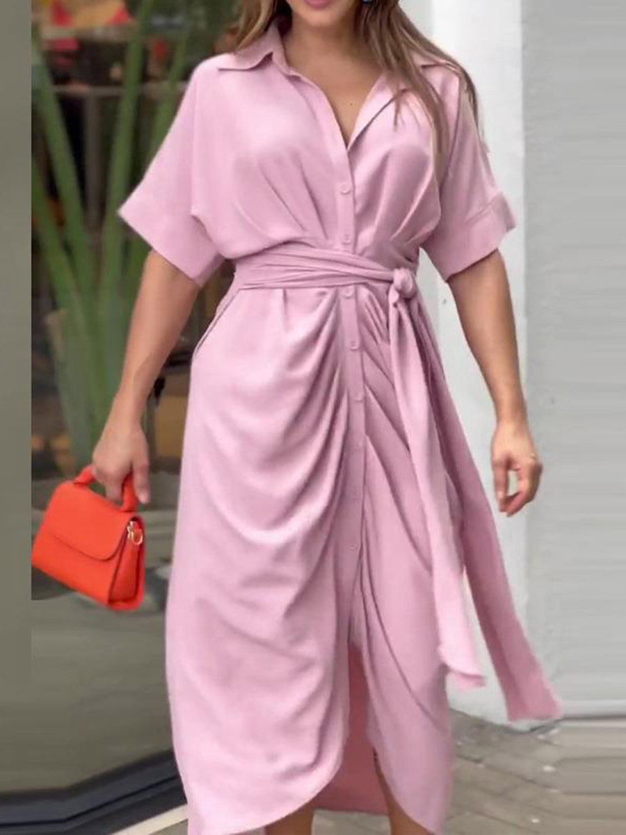 Elasticated Waist High Waisted Buttoned Pleated Solid Color Split-Joint Tied Waist Lapel Maxi Dresses Shirt Dress