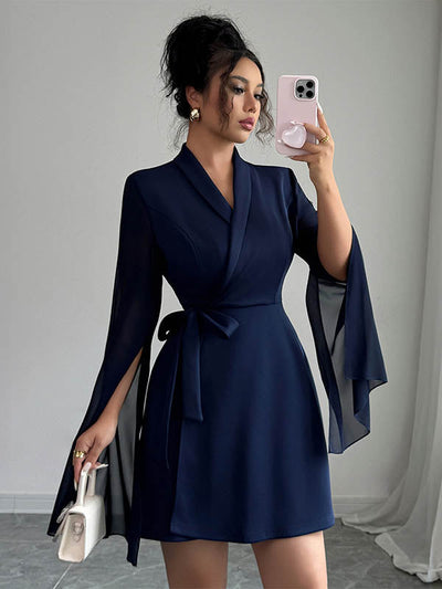 A-Line Elasticated Waist Interlace See-Through Solid Color Split-Joint Split-Side Tied Waist V-Neck Mini Dresses