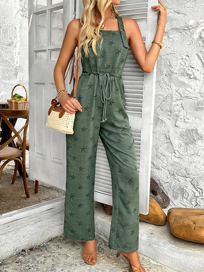 Sleeveless Buttoned Drawstring Pockets Printed Spaghetti-Neck Jumpsuits