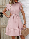 A-Line Loose Buttoned Pleated Polka-Dot Tied Waist Round-Neck Mini Dresses