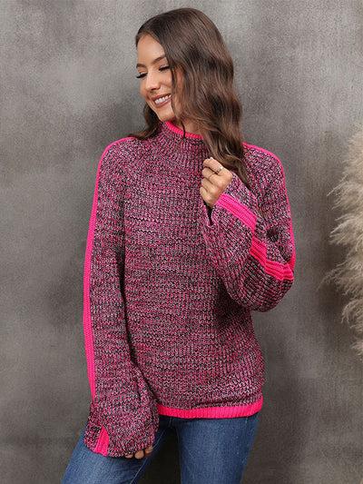 Casual Long Sleeves Loose Contrast Color Half Turtleneck Sweater Tops
