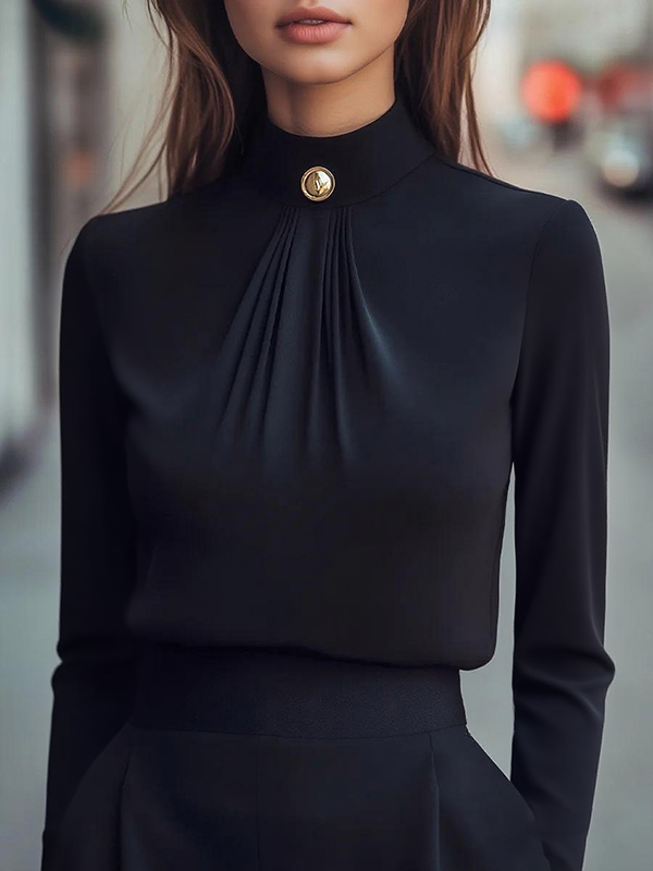Long Sleeves Buttoned Pleated Solid Color Zipper Mock Neck Blouses&shirts Tops