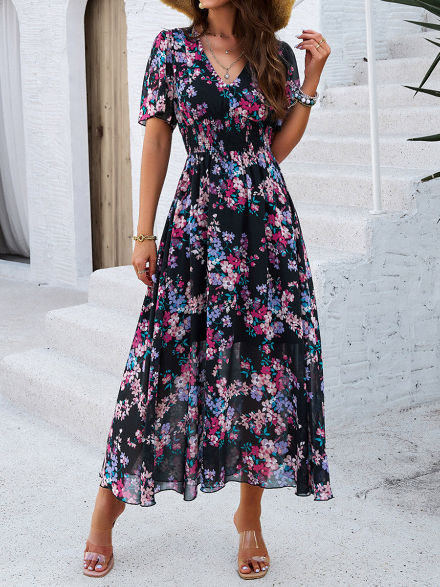 A-Line Elasticated Waist Contrast Color Flower Print Pleated Split-Joint V-Neck Maxi Dresses
