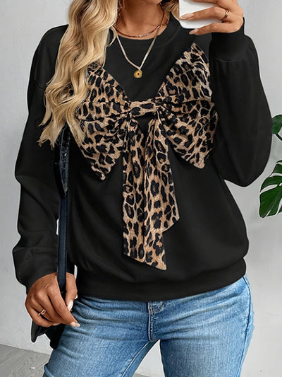 Long Sleeves Loose Bowknot Leopard Round-Neck Sweatshirt Tops