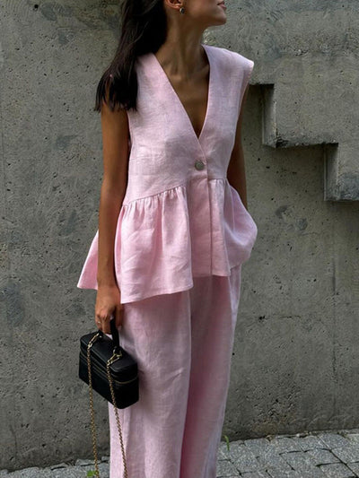 Loose Split-Joint Sleeveless Pleated V-Neck Vest + Pants Trousers Two Pieces Set