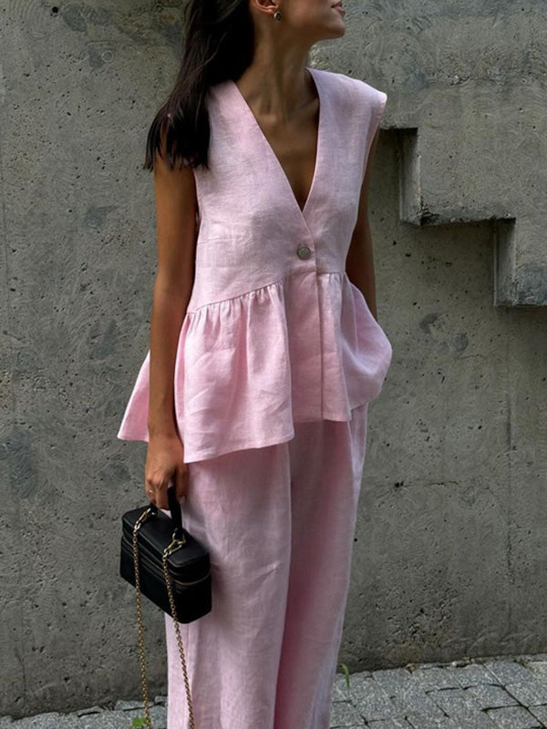 Loose Split-Joint Sleeveless Pleated V-Neck Vest + Pants Trousers Two Pieces Set