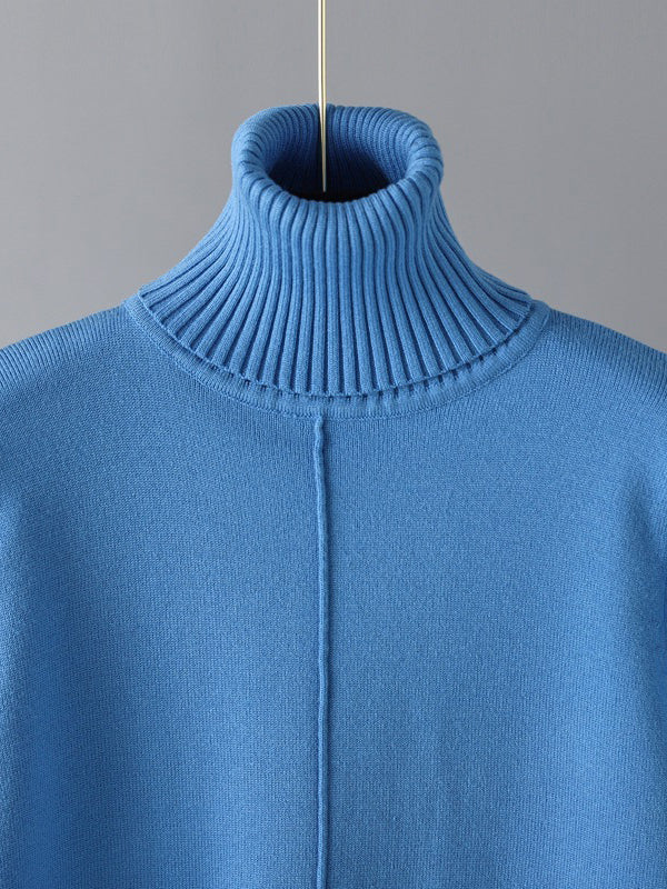 Casual Solid Long Sleeves High-Neck Sweater Tops & Drawstring Wide Leg Pants Suits