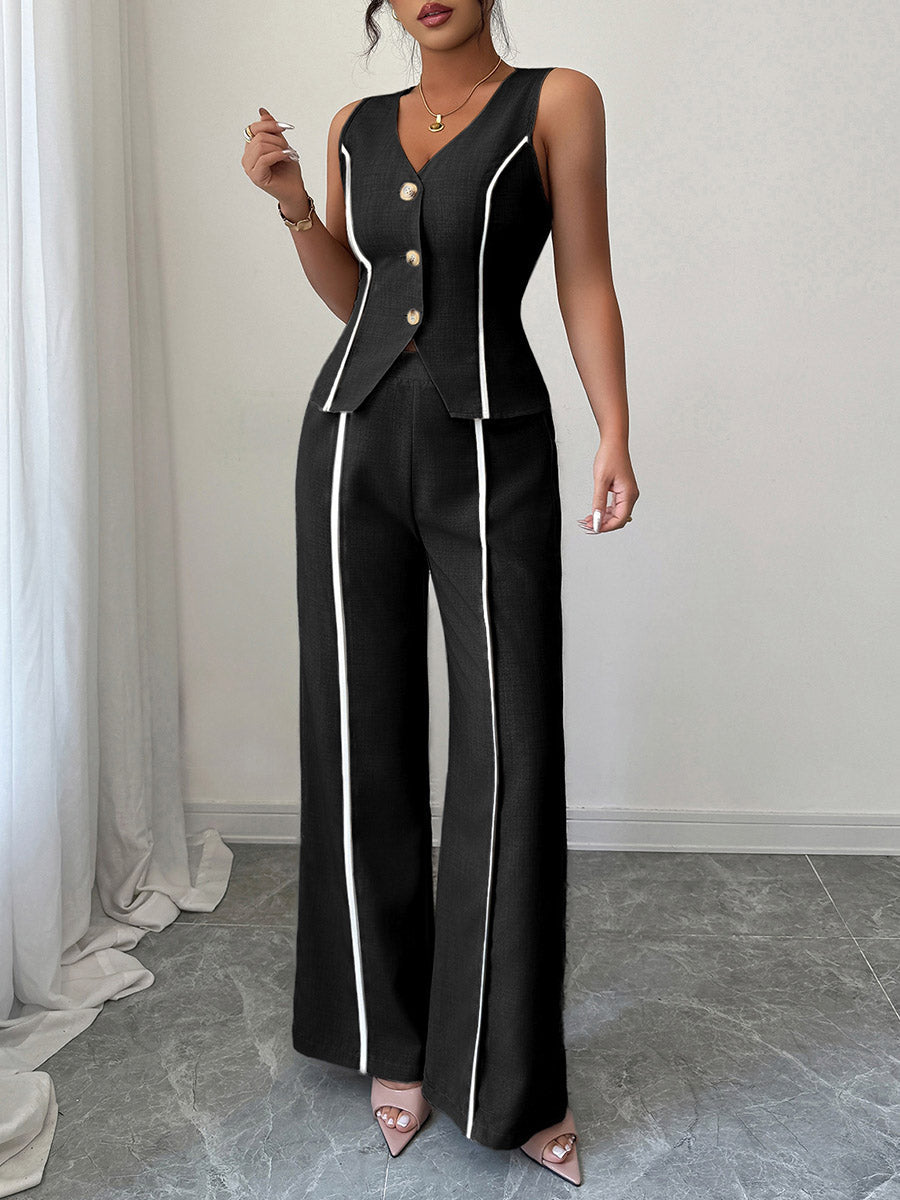Contrast Color Sleeveless Buttoned V-Neck Blouses&Shirts Tops + High Waisted Pants Trousers Two Pieces Set