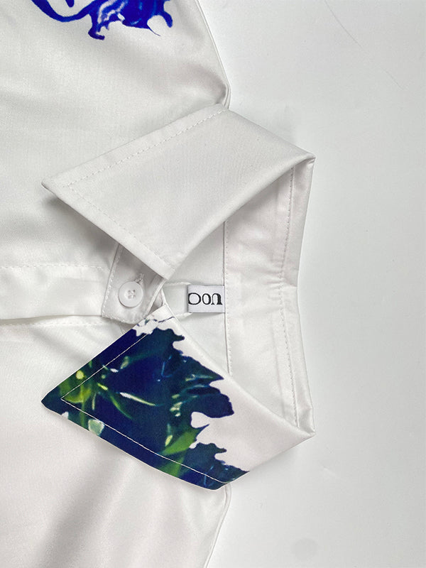 High-Low Long Sleeves Buttoned Flower Print Pockets Split-Side Stand Collar Blouses&Shirts Tops