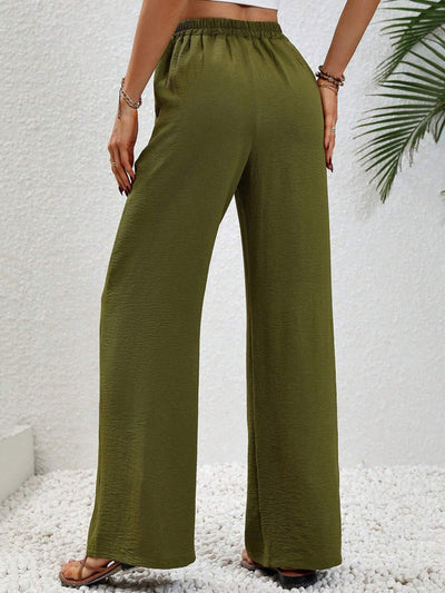 High Waisted Loose Elasticity Pleated Solid Color Tied Waist Pants Trousers