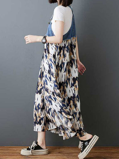 Loose Plus Size Flower Print Pockets Split-Joint Spaghetti-Neck Maxi Dresses Suspender Dress