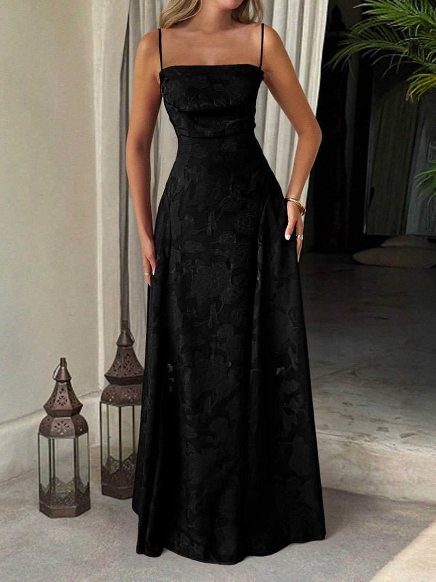 A-Line High Waisted Jacquard Pleated Solid Color Spaghetti-Neck Maxi Dresses
