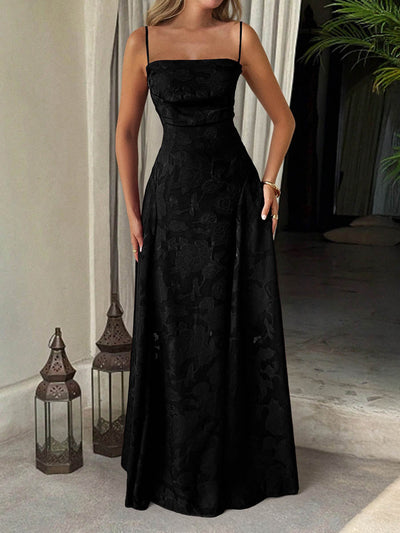 A-Line High Waisted Jacquard Pleated Solid Color Spaghetti-Neck Maxi Dresses