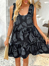 A-Line Loose Contrast Color Pleated Pockets Printed Tied Spaghetti-Neck Mini Dresses