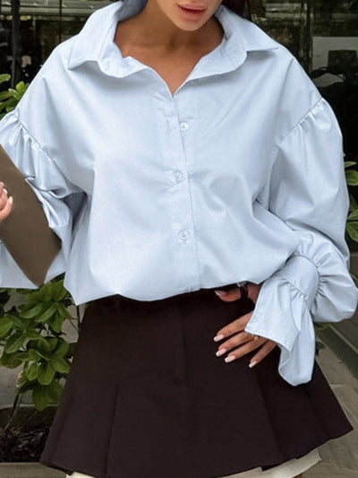 Flared Sleeves Long Sleeves Buttoned Pleated Solid Color Split-Joint Lapel Blouses&Shirts Tops