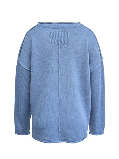 Long Sleeves Loose Solid Color Split-Joint Round-Neck Sweater Tops