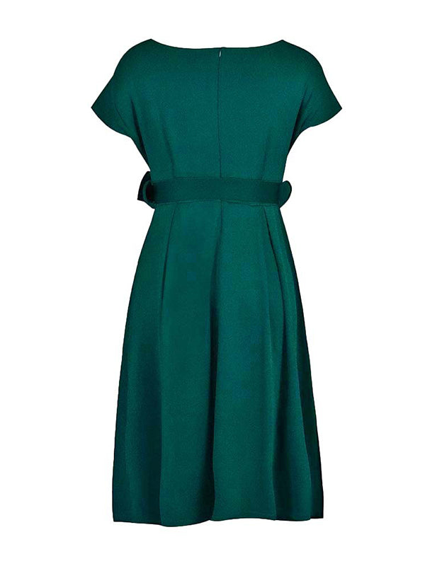 Bowknot Lace-Up Solid Color V-Neck Midi Dresses