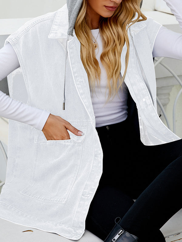 Loose Sleeveless Buttoned Detachable Hooded Pockets Split-Joint Lapel Collar Vest Outerwear