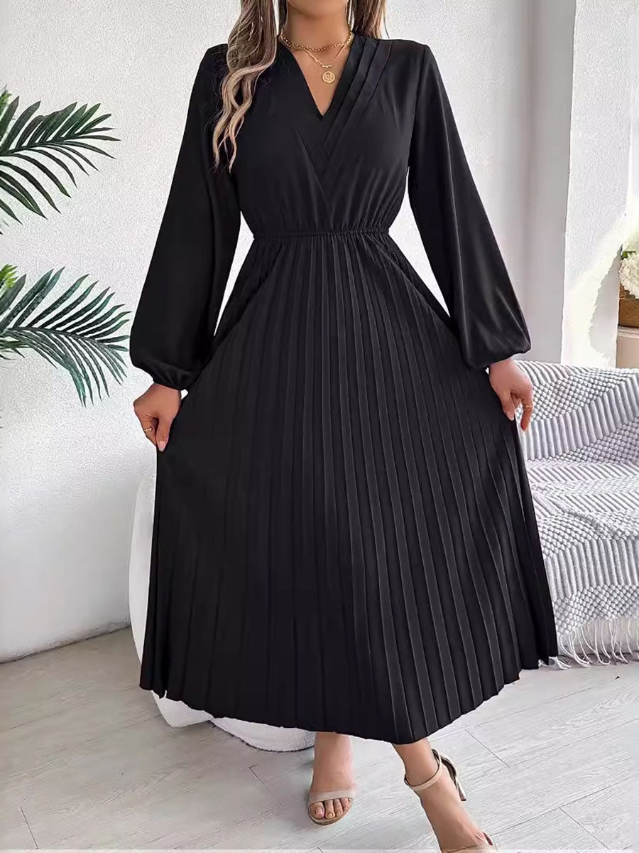 A-Line High Waisted Elasticity Pleated Solid Color V-Neck Maxi Dresses