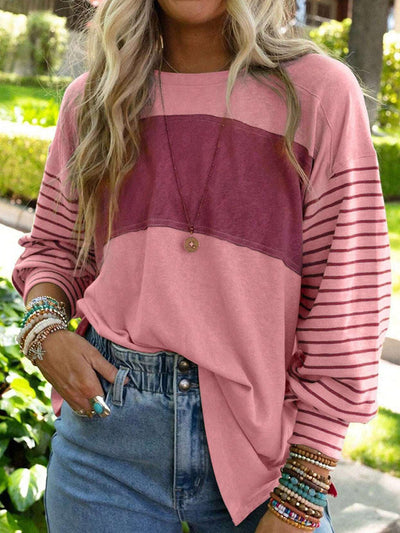 Long Sleeves Loose Contrast Color Split-Joint Striped Round-Neck Blouses&Shirts Tops