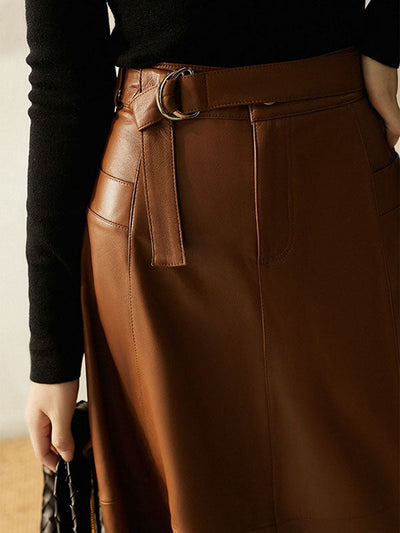 A-Line High Waisted Belted Buttoned Pockets Solid Color Split-Joint Zipper Skirts Bottoms