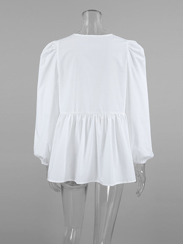 Long Sleeves Loose Elasticity Solid Color Split-Joint Tied Round-Neck Blouses&Shirts Tops