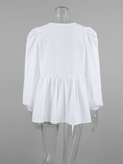 Long Sleeves Loose Elasticity Solid Color Split-Joint Tied Round-Neck Blouses&Shirts Tops