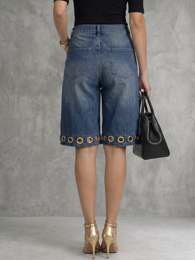 High Waisted Wide Leg Buttoned Hollow Pockets Solid Color Split-Joint Jean Pants Bottoms Shorts Bottoms
