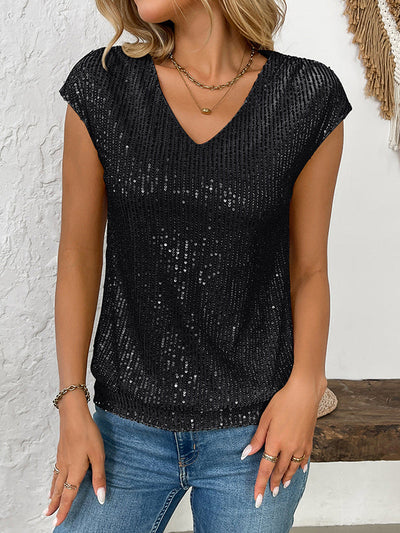 Batwing Sleeves Loose Sequined Shiny V-Neck T-Shirts Tops