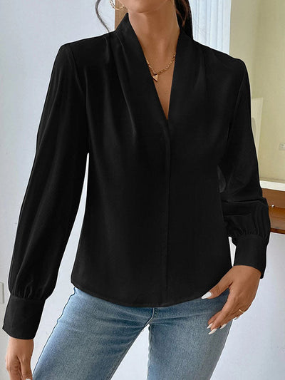 Long Sleeves Loose Pleated Solid Color Split-Joint V-Neck Blouses&Shirts Tops
