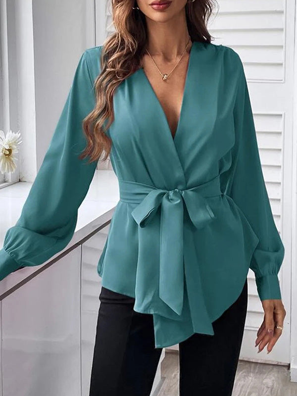 Loose Puff Sleeves Pleated Solid Color Split-Joint Tied Waist V-Neck Blouses&Shirts Tops
