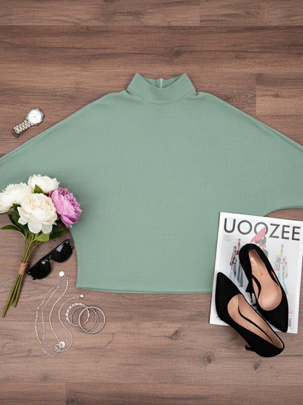 Long Sleeves Loose Solid Color High Neck Blouses&Shirts Tops