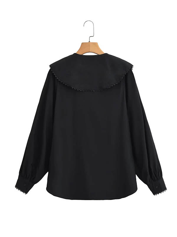 Loose Puff Sleeves Pleated See-Through Solid Color Split-Joint Peter Pan Collar Blouses&Shirts Tops